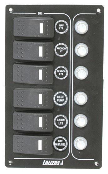 31385 - Switch Panel'SP6 Offshore',6waterproof switch,w/Led/6auto fuses,Inox316,12V,120x195mmx1,5mm,Charcoal