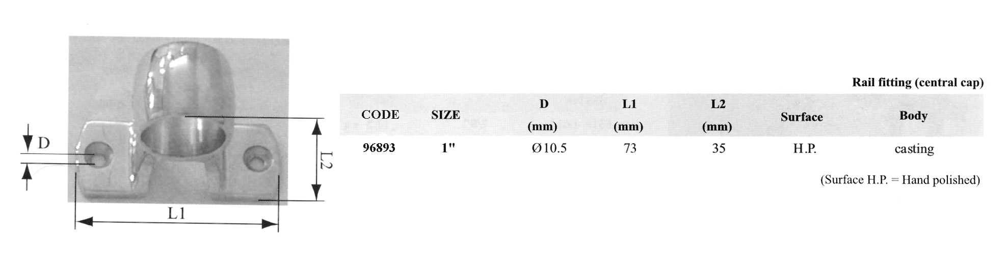 96893 - Rail fitting, Central Cap, 90°, Inox 316, 25mm (1)